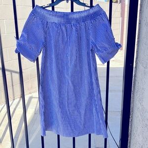 Blue/white striped dress.  Can be worn off the shoulders.  Lightweight fabric.
